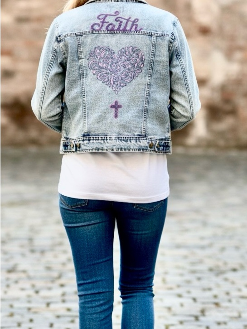 Upcycled Ci Sono Light Wash Denim Jacket with Hand Painted Heart & Faith Accent